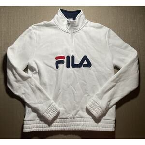 Vintage Fila Sweatshirt Medium M Solid White Embroidered Logo 1/4 Zip Collared